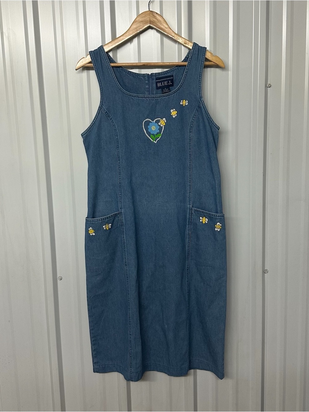 Vintage 90s Blue J. Denim Midi Dress Painted Floral Bee  Cottagecore Teacher